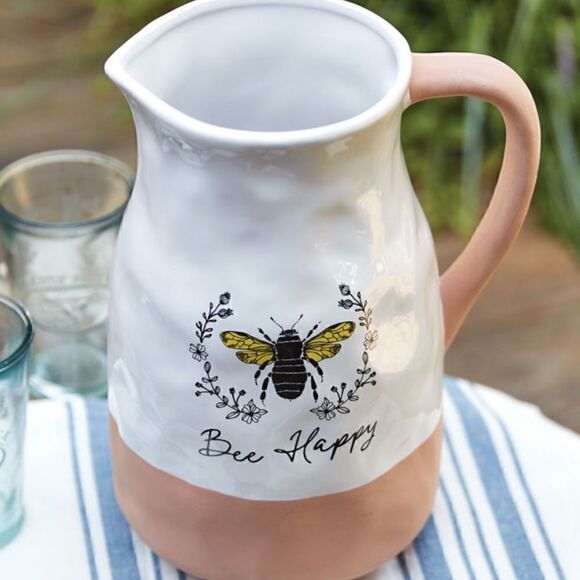 NEW! Beautiful and Trendy Buzzing Honey Bee Ceramic Water Pitcher Farmhouse Chic - Picture 2 of 2